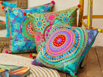 Home accessories, colourful bohemian rustic hippy boho cushions, candles and rugs plus ethical décor for your sustainable home from Somerset UK