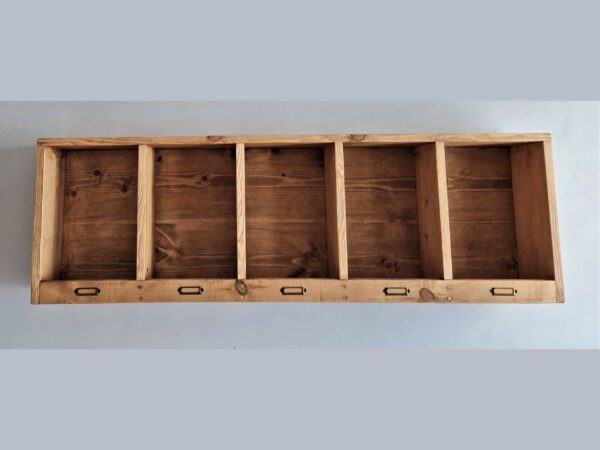 Wooden pigeon hole shelf in traditional rustic natural wood, handmade in Somerset UK