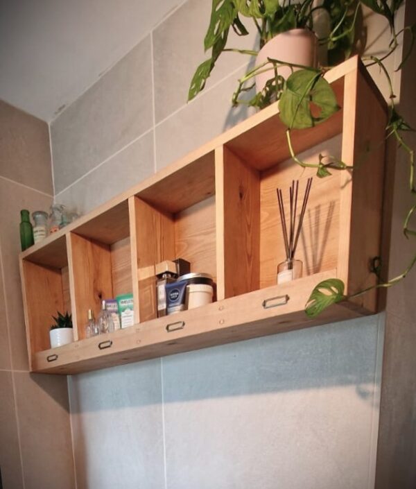 Wooden pigeon hole shelf for rustic farmhouse cottage bathroom storage, made in the UK
