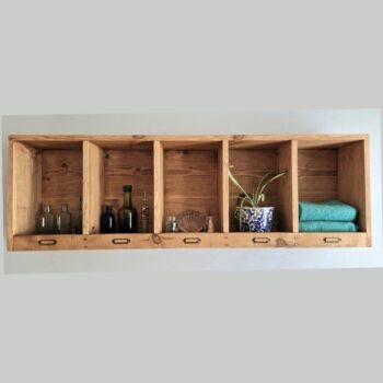 Wooden pigeon hole shelf for bathroom in traditional rustic natural wood, handmade in Somerset UK.