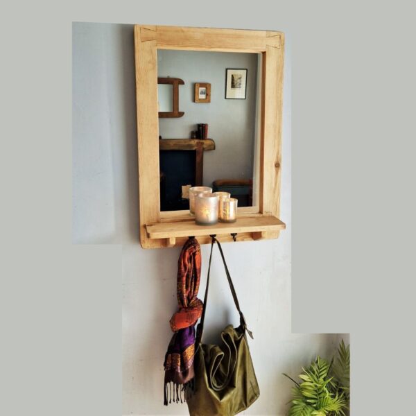 Rustic mirror with shelf and key hooks, natural wooden hallway mirror from Somerset UK