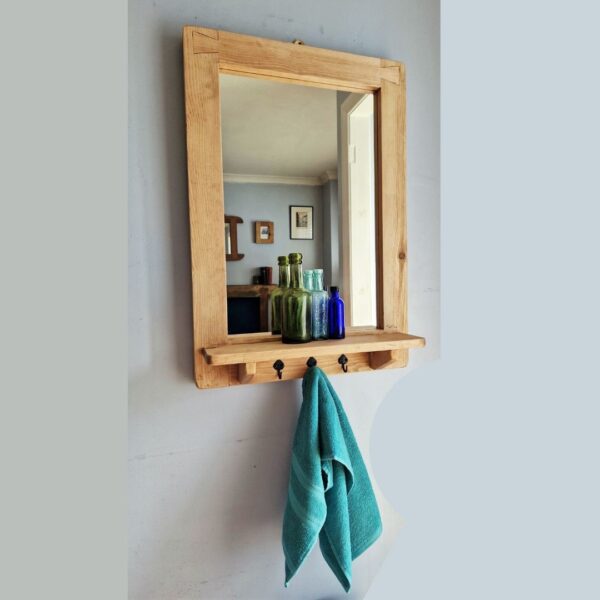 Rustic mirror with shelf and coat hooks, natural wooden bathroom mirror from Somerset UK