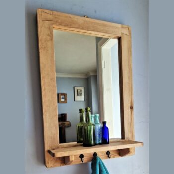 Rustic mirror with shelf and coat hooks, natural wooden bathroom salon mirror from Somerset UK