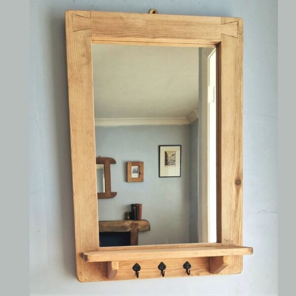 Rustic mirror with shelf and coat hooks, tall salon mirror and natural wooden wall mirror from Somerset UK