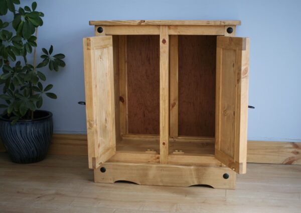 Mexican pine aquarium cabinet, rustic wooden fish tank stand with doors wide open, from Somerset UK from natural wood.