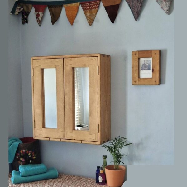 Wooden medicine cabinet with mirror doors, modern rustic bohemian boho home from Somerset UK