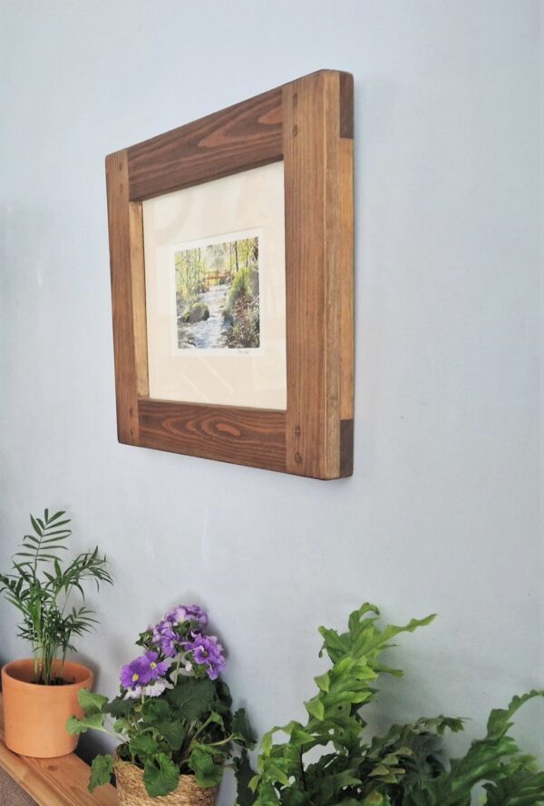 Chunky wooden rustic frame 11 x 14 inch handmade in Somerset UK in chunky rustic, sustainable natural wood. Wide side view.