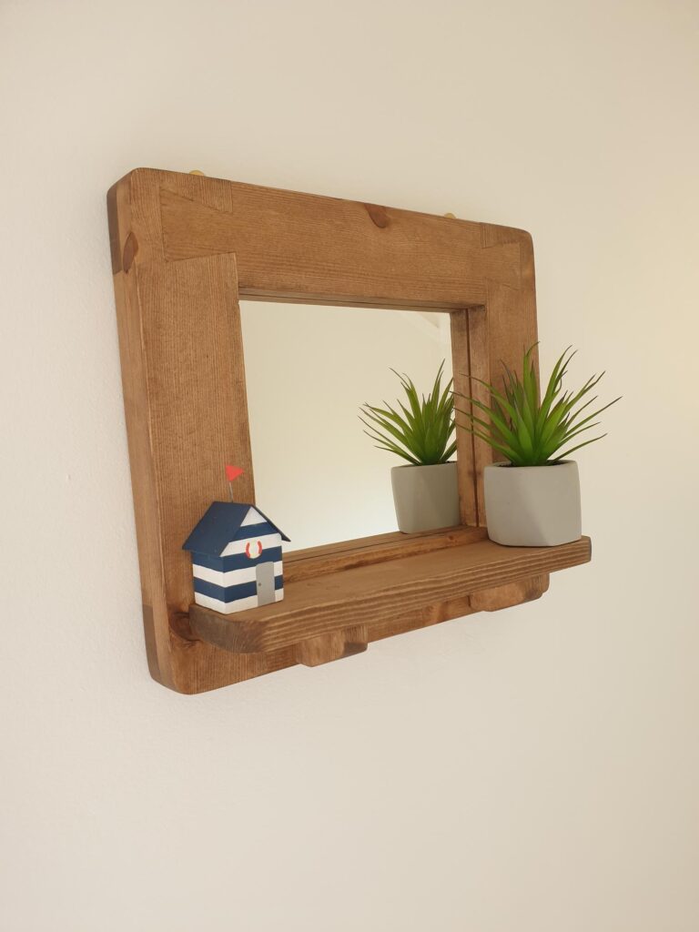 Small wooden shelf mirror in natural wood, modern rustic shelf mirror, perfect for small spaces from Somerset UK, landscape.