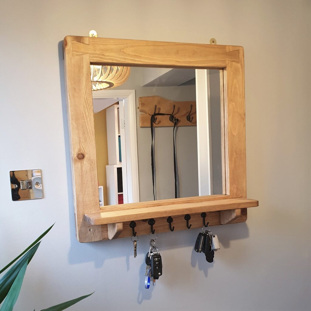 Wooden mirror with shelf, chunky modern rustic mirrors by Marc Wood Furniture UK