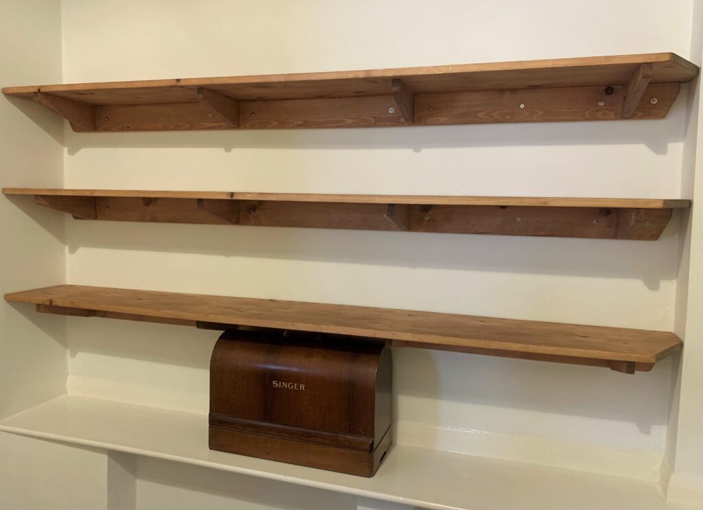 Wide rustic open shelves in chunky natural wood from Somerset UK