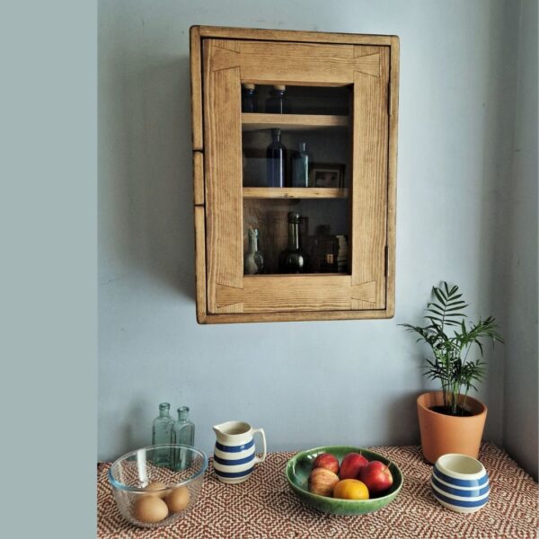 Rustic kitchen display cabinet and dark wood vintage pine curio cabinet from Somerset UK