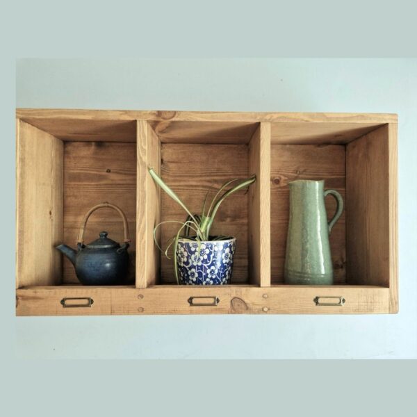 Pigeon hole kitchen shelf and curio display unit, rustic vintage mug holder from Somerset UK, 3 cubbies.