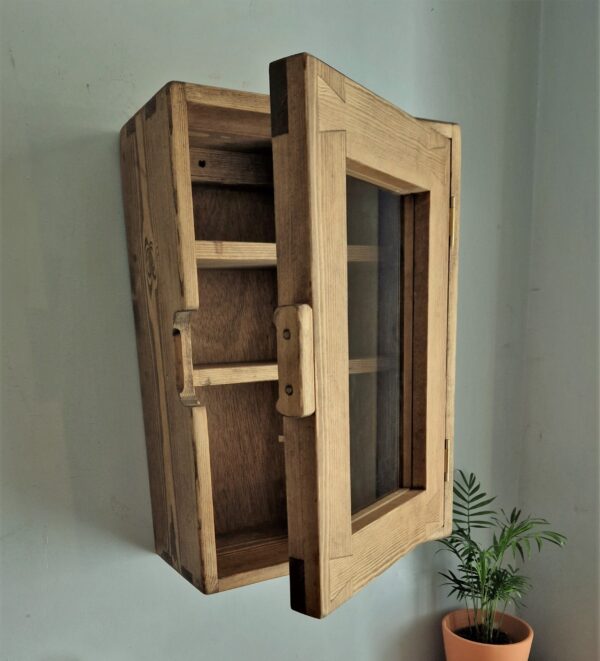Rustic kitchen display cabinet and dark wood vintage curio cabinet, door opening, from Somerset UK