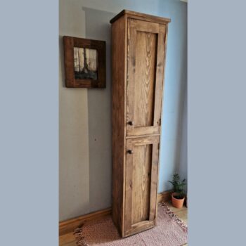 Large bathroom armoire cabinet in modern rustic natural wood, French country house wooden storage. Dark wood, handmade in Somerset UK