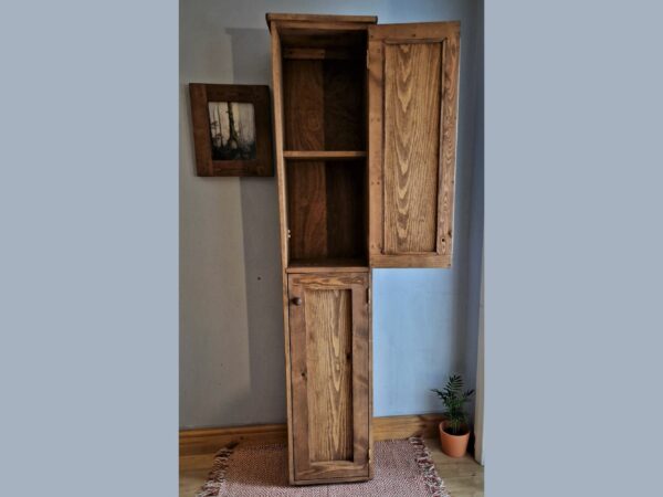 Narrow farmhouse larder cupboard and rustic slim freestanding kitchen pantry cabinet from Somerset UK, with double doors open and closed.