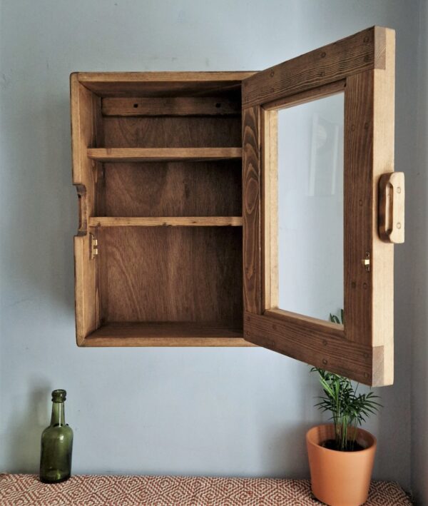 Rustic kitchen display cabinet and dark wood vintage curio cabinet, door open, from Somerset UK
