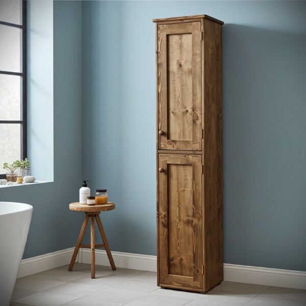 Slim tallboy bathroom cabinet, tall wooden towel cupboard for rustic bathroom, custom handmade in Somerset UK -edited_1
