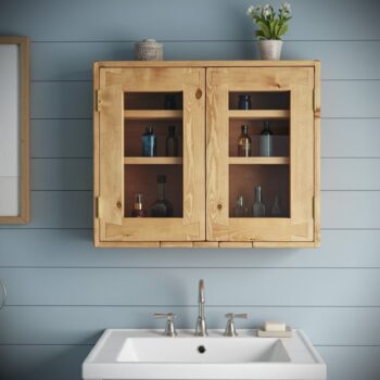 Bathroom cabinet with glass doors, large wooden cosmetic display cabinet for cottage farmhouse bathroom, custom handmade in Somerset UK -edited_1