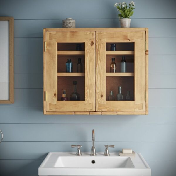 Bathroom cabinet with glass doors, large wooden cosmetic display cabinet for cottage farmhouse bathroom, custom handmade in Somerset UK -edited_1