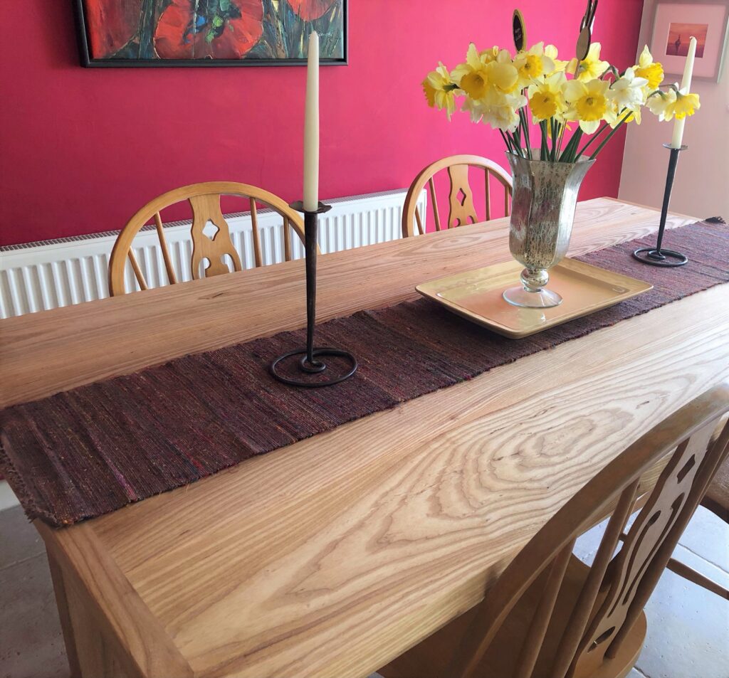 Modern rustic kitchen dining table in natural Ash timbers, handmade in Somerset UK