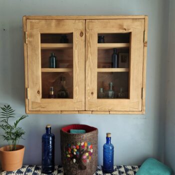 Rustic bathroom glazed cabinet, modern cottage cabin style double glass door wooden cabinet from Somerset UK
