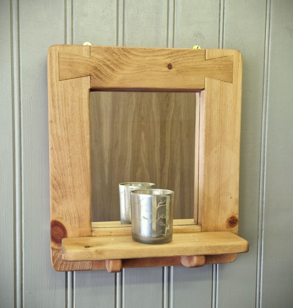 Small wooden shelf mirror