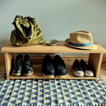 Small rustic shoe rack, modern wooden single tier shoe shelf from Somerset UK.
