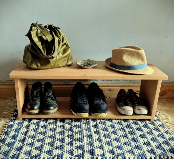 Small rustic shoe rack, modern wooden single tier shoe shelf from Somerset UK.