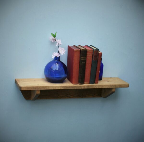 Small rustic wooden shelf, with books, 62 cm modern minimalist cottage style open shelving storage from Somerset UK.