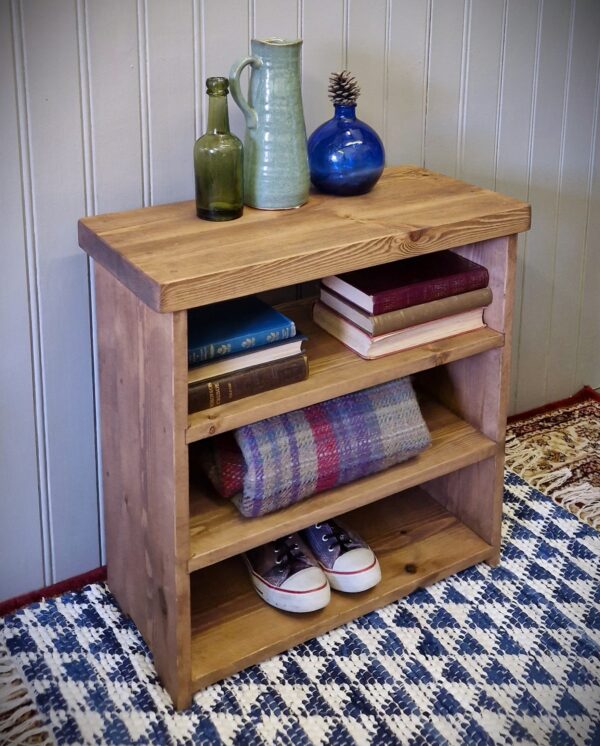 Wooden shoe rack shelf, cottage farmhouse style rustic shoe bench and console hall table, designed and handmade in Somerset UK
