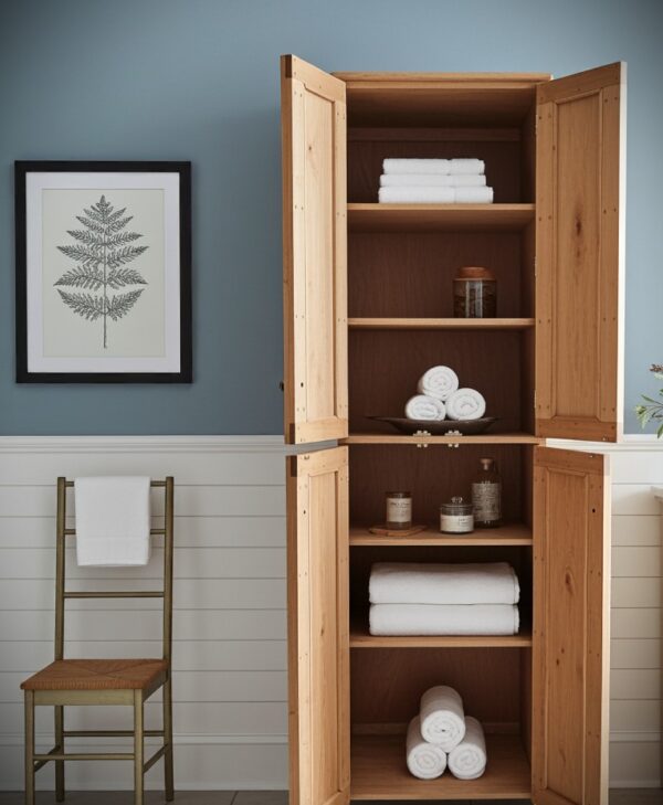 large bathroom armoire cabinet, double wooden towel cupboard for rustic country cottage home, custom handmade in Somerset UK -edited_1