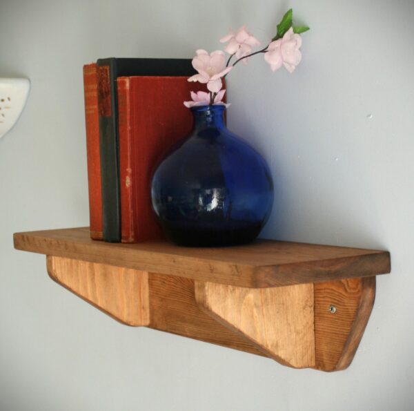 Small rustic wooden shelf, 44 cm side view, modern farmhouse cottage style open shelving storage from Somerset UK.