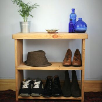 Rustic wooden shoe bench, boot room or hallway shoe storage rack in natural, sustainable wood from Somerset UK, front view.