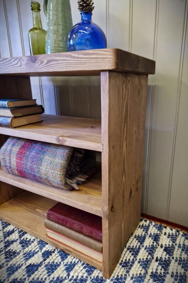 Rustic double bookcase and divided compartment shelving unit, wide, slim wooden bookshelves handmade in Somerset UK, dark wood.