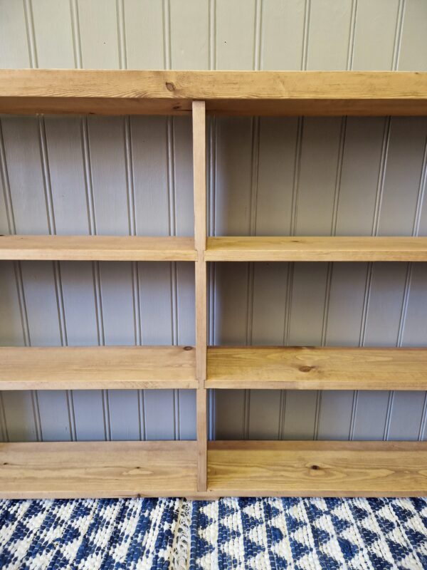 Rustic double bookcase and with central divide, wooden bookshelves handmade in Somerset UK.