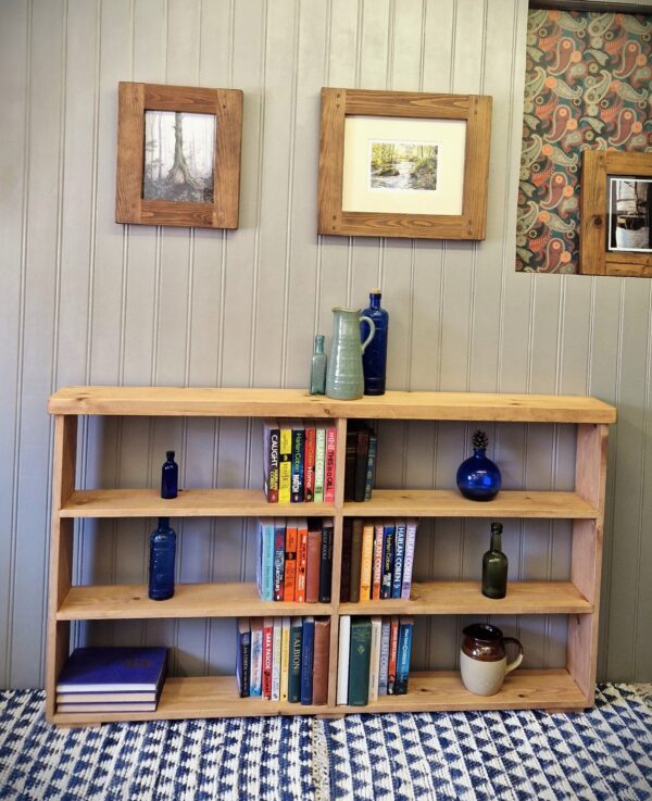 Rustic double bookcase and divided compartment shelving unit, wide, slim wooden bookshelves handmade in Somerset UK