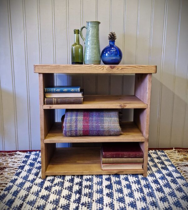 Low wooden bookcase, modern rustic bookshelves, farmhouse cottage home, handmade in Somerset UK