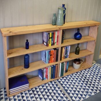 Rustic double bookcase and compartment shelving unit, wide, slim wooden bookshelves handmade in Somerset UK, side close up