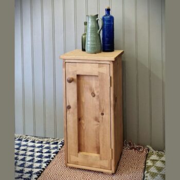 Floor standing bathroom cabinet, slim modern rustic wooden storage cupboard, custom handmade in Somerset UK