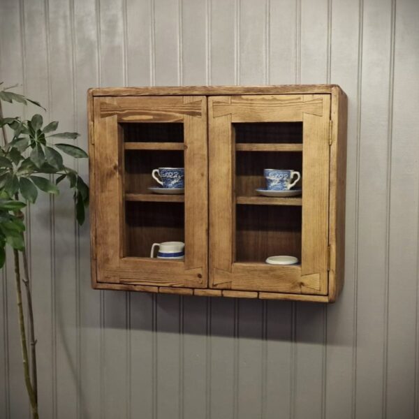 Rustic kitchen glass cabinet, modern cottage curio display wooden wall cabinet, designed and handmade in Somerset UK