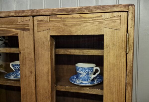 Rustic kitchen glass cabinet, curio display wooden wall cabinet with dovetail joinery, handmade in Somerset UK.