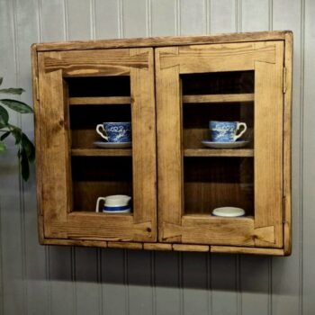 Rustic kitchen glass cabinet, modern cottage curio display wall cabinet, designed and handmade in Somerset UK from natural wood.