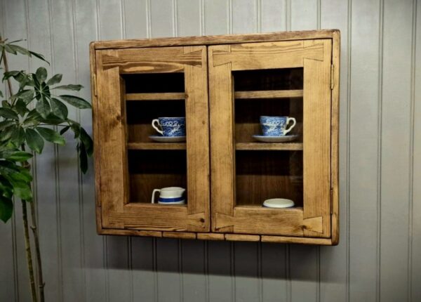 Rustic kitchen glass cabinet, modern cottage curio display wall cabinet, designed and handmade in Somerset UK from natural wood.
