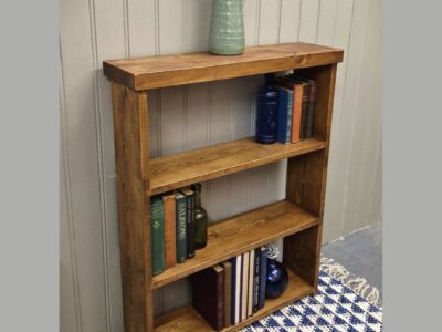 Bookcases and shelving in natural wood, modern rustic tall bookshelf with doors and chunky wooden step back bookcase handmade in Somerset UK