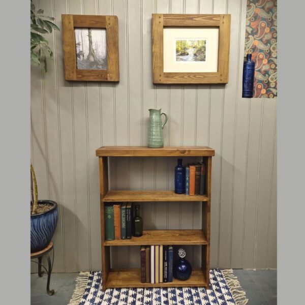 Rustic wooden bookshelf, slim bookcase, designed and handmade in Somerset UK from chunky, sustainable natural wood.
