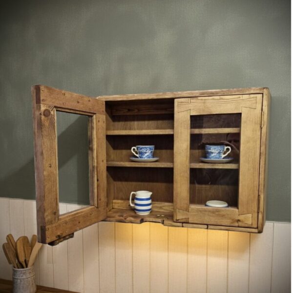Rustic kitchen glass cabinet, large curio display cabinet with glass doors in dark wood, custom handmade in Somerset UK -edited_1
