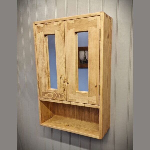 Open shelved mirror cabinet, cottage farmhouse rustic wooden bathroom mirror cabinet with lower shelf UK