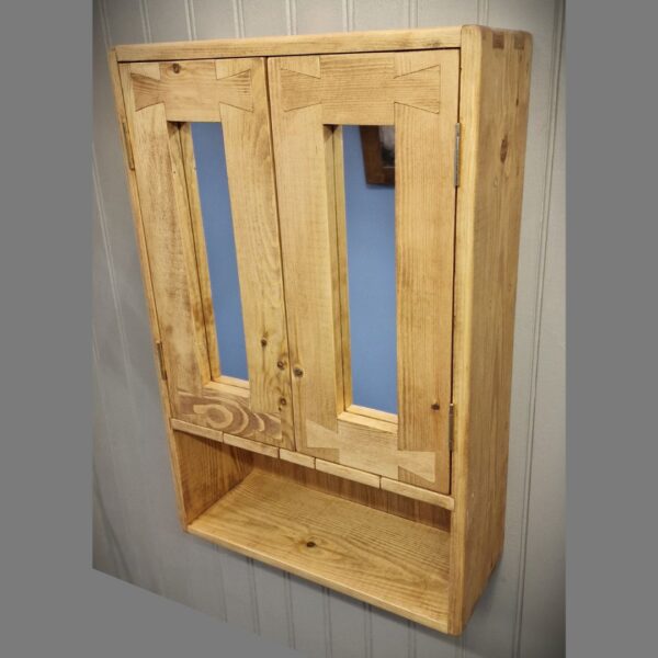 Open shelved mirror cabinet, cottage farmhouse rustic wooden bathroom mirror cabinet with artisan joinery UK