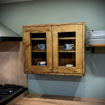 Rustic kitchen glass cabinet, curio display cabinet with double glass doors in natural dark wood, custom handmade in Somerset UK -edited_1