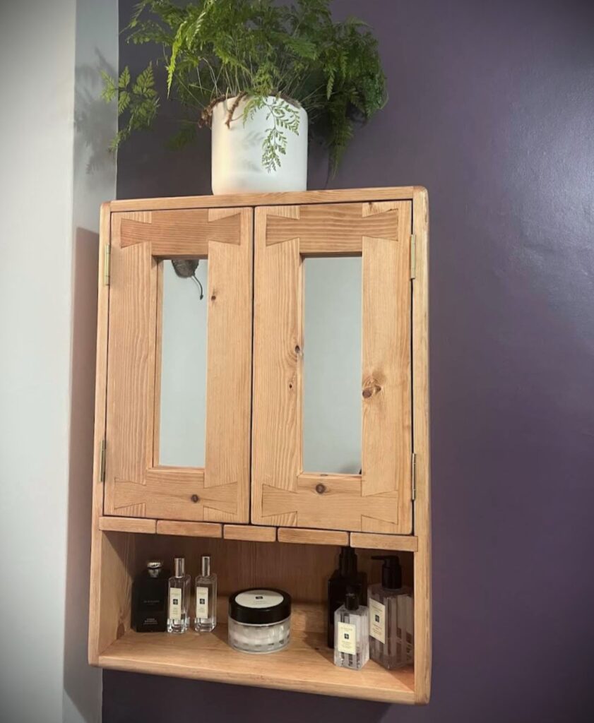 Open shelved mirror cabinet, large wooden bathroom wall cabinet, luxury bespoke bathroom furniture from Somerset UK